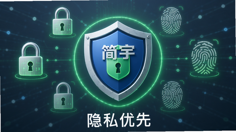 主体为简宇APP的安全盾牌图标,周围环绕着数据锁和指纹图案,布局中心对称,风格严肃且可靠,细节处有绿色光晕象征安全,画质高保真,干净无干扰元素,文字“隐私优先”位于底部