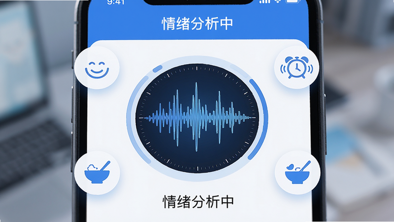 界面截图风格,展示一个手机APP界面,中央是一个圆形的声波分析图,周围环绕着几个情绪图标,如笑脸、闹钟、食碗,界面设计简洁现代,主色调为蓝色和白色,文字清晰可见,显示“情绪分析中”,背景虚化,突出核心功能,高清质感
