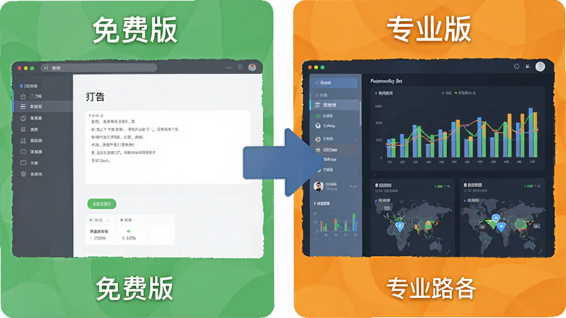 对比图,左侧显示免费版界面,简洁无广告;右侧显示专业版界面,带有高级图表分析,中间用箭头连接,示意升级路径,风格扁平化,色彩鲜明,清晰易读,无杂乱元素