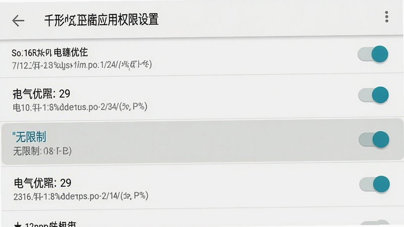 千形安卓应用权限设置界面,显示电池优化选项列表,千形被高亮显示为'无限制',背景为安卓系统设置风格,布局列表式,风格系统原生,细节显示开关状态,画质清晰,无多余元素