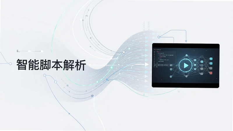 主体为抽象的数据流与视频分镜图结合,布局呈现从左侧文字输入到右侧视频画面的转化过程,排版具有流动感,风格极简主义,细节处有连接线条,画质清晰,干净,无多余元素,文字内容为