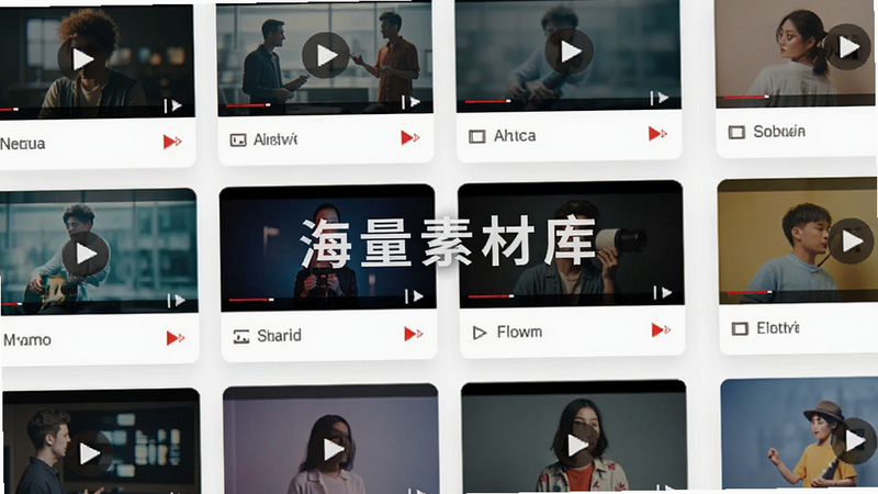 主体为多个视频素材卡片整齐排列,布局呈网格状,每个卡片显示不同风格的视频缩略图,排版整齐有序,风格扁平化设计,细节处有播放图标,画质高保真,干净,无多余元素,文字内容为