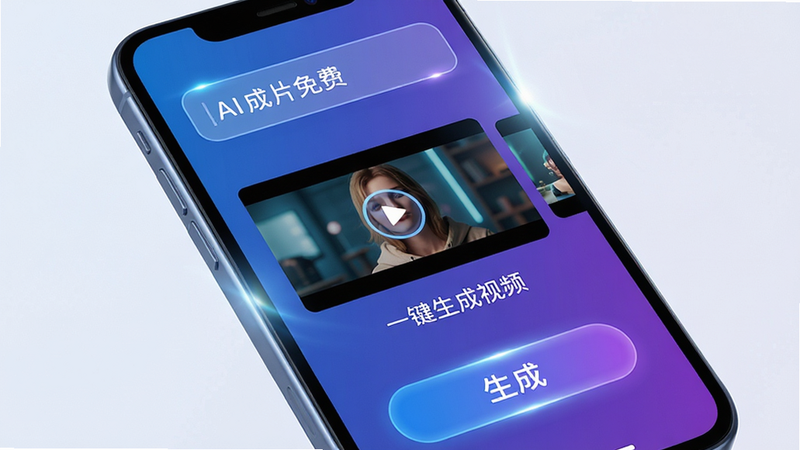 主体为智能手机屏幕特写,屏幕显示AI成片免费APP界面,布局清晰,顶部为输入框,中间展示AI生成的视频预览缩略图,底部有生成按钮,排版简洁现代,风格科技感蓝紫色调,细节处有光晕效果,画质高清,干净,无多余元素,文字内容为