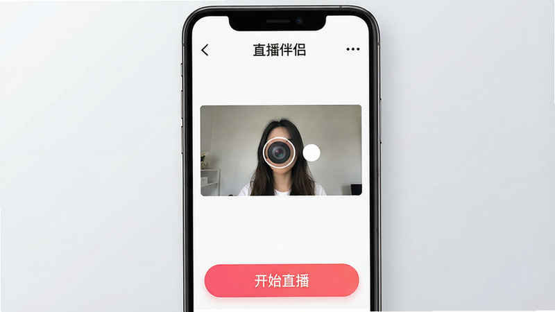 一张高清的智能手机界面展示图,主体为“直播伴侣”APP的主界面,布局整洁,顶部显示“直播伴侣”字样,中间是摄像头预览窗口,底部有“开始直播”的大按钮,背景为浅灰色渐变,风格现代简约,细节清晰,画质4K,干净无多余元素