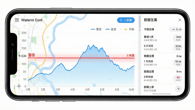 ����Ϊ�ֻ�APP���棬��ʾ��̬ˮλ����ͼ�����ְ�������ͼ��λ���Ҳ�������壬���Ϊ�������磬ϸ�ڰ�����ɫ�����߱�ʶ�����壬�ɾ����޶���Ԫ��