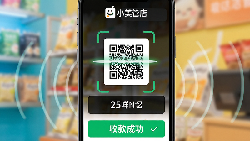 手机界面展示收银页面,主体为扫码框和金额显示区,布局居中,上方有“小美管店”Logo,下方显示“收款成功”绿色提示。风格简洁明快,色彩对比强烈,细节包含扫码动画效果。画质高清,干净无杂讯,文字“收款成功”清晰。