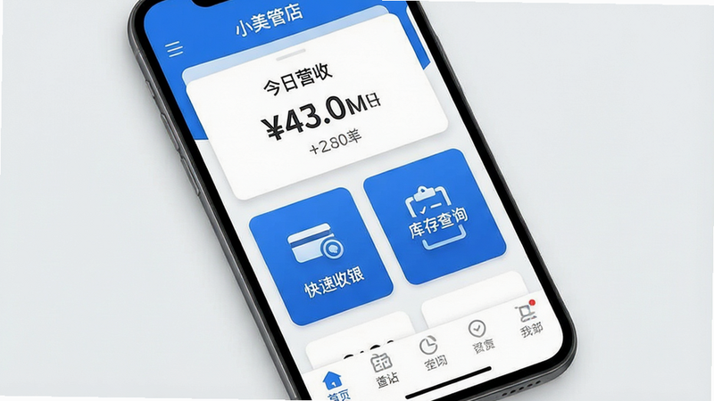 一张高清手机屏幕展示界面图,主体为“小美管店”APP首页,背景为干净的浅灰色。布局采用卡片式设计,顶部显示“今日营收”大字数据,中部为“快速收银”与“库存查询”两个大按钮,底部为导航栏。风格为扁平化现代UI,色彩以品牌蓝和白色为主,细节处有轻微阴影增加层次感。画质清晰,无多余元素,文字清晰可读。