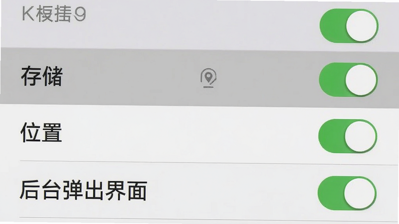 手机设置界面截图,主体为权限管理列表,布局为列表形式,高亮显示“存储”、“位置”、“后台弹出界面”等权限开关。风格为系统原生设置风格,色彩为灰白基调。细节包含开关状态指示。画质清晰,文字可读,无多余水印。
