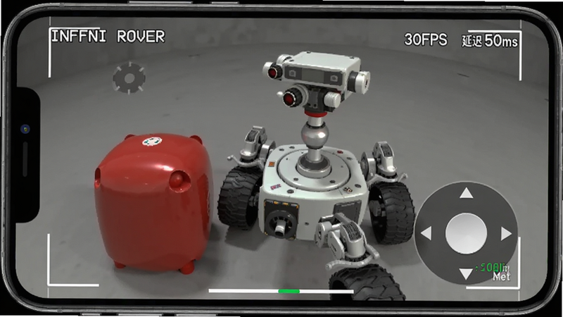 模拟手机屏幕显示 INFFNI ROVER 实时摄像头画面的示意图,画面中机器人正对着一个红色物体,界面右上角显示帧率 30FPS 和延迟 50ms 字样,界面下方有虚拟摇杆,风格写实,细节丰富