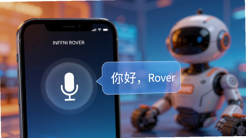 展示 INFFNI ROVER 语音交互界面的概念图,手机屏幕上显示一个麦克风图标,旁边有“你好,Rover”的文字气泡,背景模糊处理突出前景,色彩明亮,科技感强