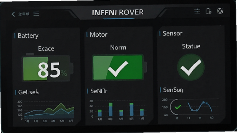 展示 INFFNI ROVER 系统诊断界面的图片,屏幕显示电池电量 85%,电机温度正常,传感器状态绿色对勾,界面设计专业,数据图表清晰,背景深色