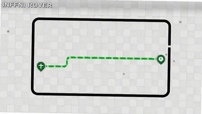 INFFNI ROVER 的地图界面截图,显示一个房间轮廓,中间有一条绿色的行走轨迹线,起点和终点用图标标记,界面整洁,线条流畅,背景为浅灰色网格