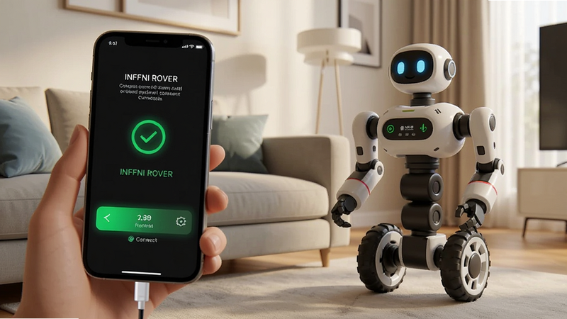 一张展示手机连接 INFFNI ROVER 机器人的场景图,背景为现代客厅,手机屏幕显示连接成功界面,机器人位于沙发旁,光线柔和,氛围温馨,写实风格