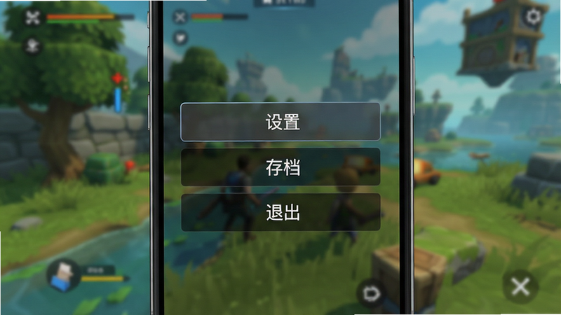 手机屏幕示意图,显示游戏暂停菜单,背景虚化为游戏场景,菜单选项清晰可见,包括“设置”、“存档”、“退出”,风格简洁现代,UI设计精致,无其他干扰元素