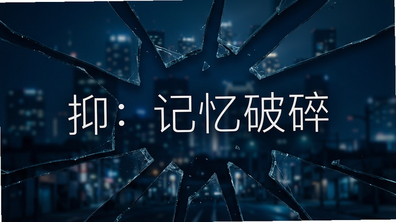 一张展示游戏核心概念的横幅图,主体是破碎的镜面反射出模糊的城市夜景,镜面碎片边缘锋利,背景为深蓝色调,文字“抑:记忆破碎”以白色细体字悬浮在中央,整体风格阴郁、神秘、高质感,8k分辨率,无多余元素