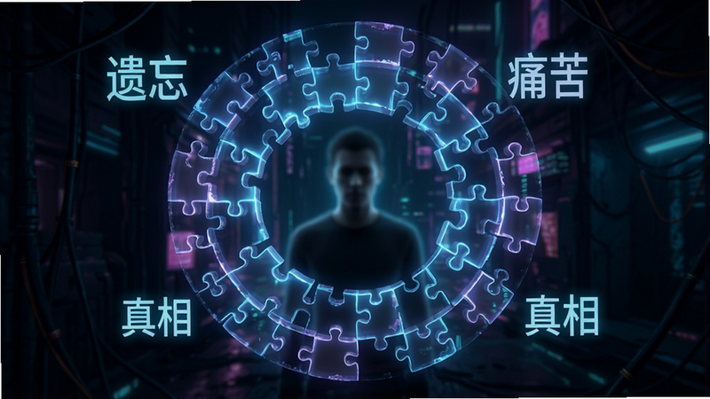 游戏界面截图风格,展示一个由许多发光的记忆碎片组成的圆形拼图,中心是一个模糊的人影,周围漂浮着关键词如“遗忘”、“痛苦”、“真相”,深色背景,赛博朋克与心理惊悚结合的风格,清晰度高,无水印