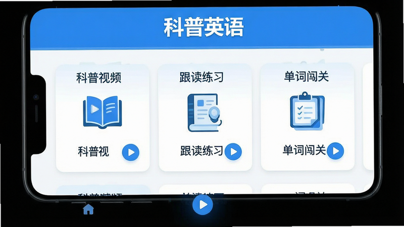主体为一款名为“科普英语”的手机应用界面展示,布局清晰,顶部显示应用名称,中间分为“科普视频”、“跟读练习”、“单词闯关”三个主要功能模块,底部为导航栏,风格为现代扁平化设计,色彩以清新的蓝色和白色为主,细节处展示书本图标和播放按钮,画质高清,干净,无多余元素