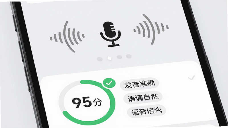 手机界面中央显示一个麦克风图标,周围环绕着声波波形,下方有一个大的评分圆环显示“95分”,旁边列出“发音准确”、“语调自然”等评价标签,背景为浅灰色,布局简洁明了,风格专业,细节处有绿色对勾标记,画质高清,干净,无多余元素