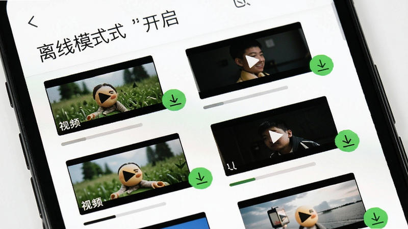 手机界面显示“离线模式”已开启,下方列出已下载的视频列表,每个视频旁有绿色下载完成图标,背景为白色,布局简洁,风格简约,细节处有进度条显示,画质清晰,干净,无多余元素