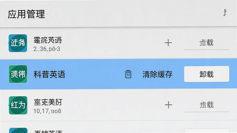 手机设置界面截图,显示“应用管理”列表,其中“科普英语”被高亮选中,旁边有“清除缓存”和“卸载”按钮,背景为浅灰色,布局标准安卓风格,细节清晰,画质高清,干净,无多余元素