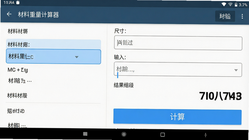 主体为“材料重量计算器”Android应用界面截图,布局采用左右分栏设计,左侧为材料类型选择列表,右侧为尺寸输入与结果展示区,排版清晰整洁,风格为现代扁平化商务风,细节显示输入框高亮与结果加粗,画质高清,干净,无多余元素,文字内容包含