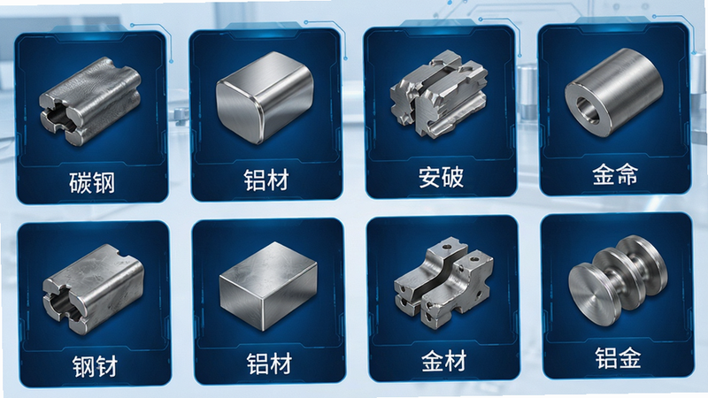 主体为材料数据库选择界面,布局为网格状图标排列,每个图标代表一种金属材质如钢材、铝材,排版整齐,风格为科技感蓝色调,细节显示图标下方的材质名称文字,画质清晰,干净,无多余元素,文字内容包含