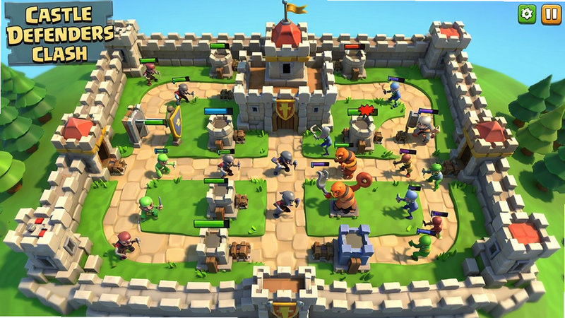 主体为Castle Defenders Clash游戏主界面全景,布局展示城堡防御塔与敌人进攻路线,排版清晰,风格为高清卡通3D渲染,细节丰富,画质清晰,干净无多余元素