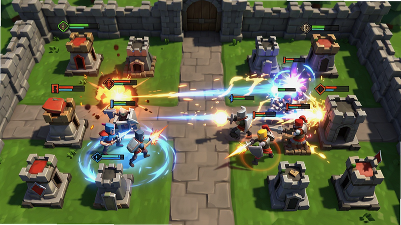 主体为Castle Defenders Clash玩家对战画面,布局展示双方防御塔对峙与单位交战,排版对称,风格为激烈战斗特效,细节表现技能释放光效,画质清晰,干净无多余元素