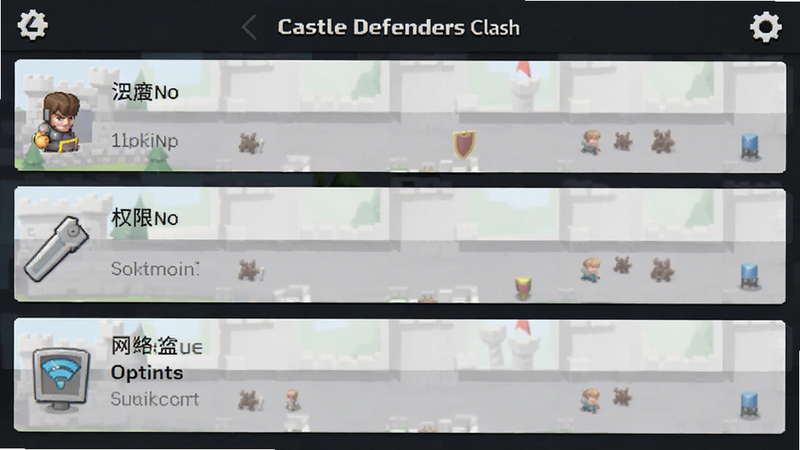主体为Castle Defenders Clash手机端设置界面截图,布局展示画质、权限、网络选项,排版整齐,风格为UI界面设计,细节清晰,画质高,干净无多余元素