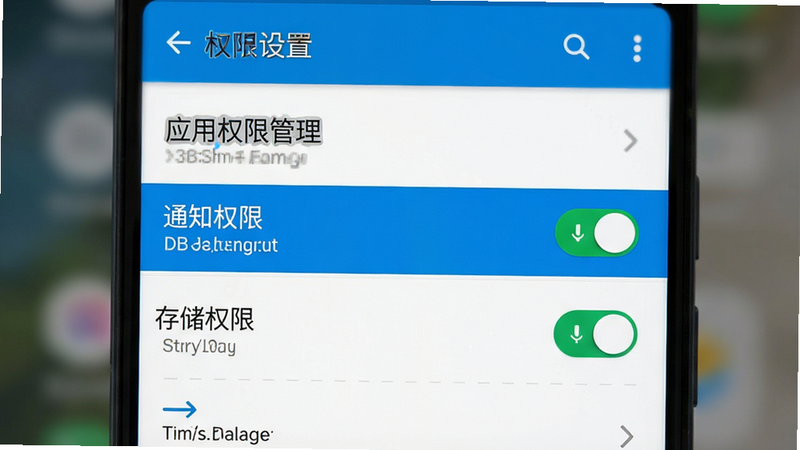 手机设置界面示意图,主体为安卓系统“应用权限管理”页面,高亮显示“通知权限”和“存储权限”开关为开启状态,背景虚化,风格简洁清晰,细节处体现操作指引,画质高清,干净,无多余元素,文字“权限设置”清晰可见