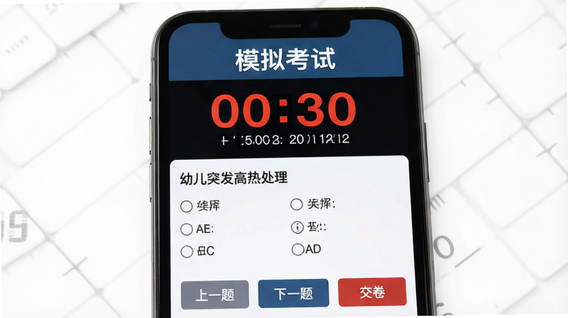 模拟考试界面预览图,主体为手机屏幕,显示“模拟考试”标题,倒计时数字醒目,题目区域展示一道关于“幼儿突发高热处理”的选择题,选项ABCD排列整齐,底部有“上一题”、“下一题”和“交卷”按钮,风格严肃专业,模拟真实考场氛围,细节处体现计时器的紧迫感,画质高清,干净,无多余元素,文字“模拟考试”清晰可见
