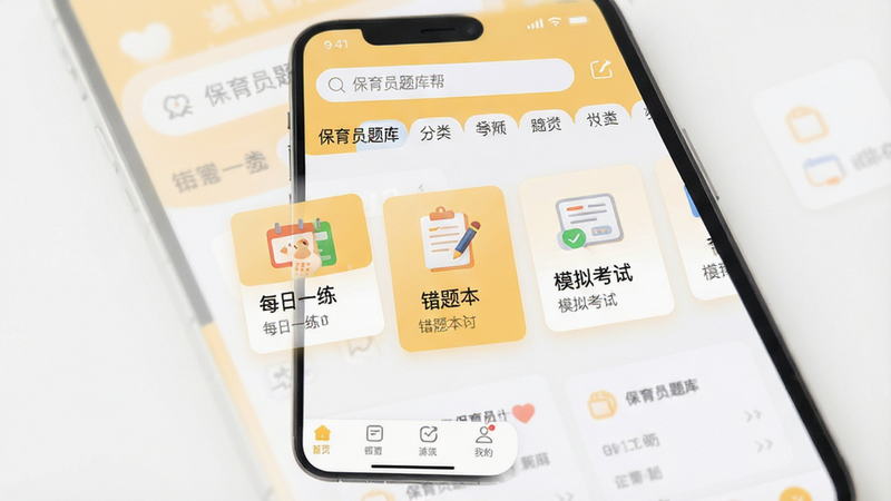 一张高清手机应用界面展示图,主体为“保育员题库帮”APP首页,布局清晰,顶部显示搜索栏和分类标签,中间展示“每日一练”、“错题本”、“模拟考试”三个核心功能卡片,底部为导航栏,风格简约现代,配色以柔和的暖黄色和白色为主,细节处体现专业与亲和力,画质清晰,干净,无多余元素,文字“保育员题库帮”清晰可见