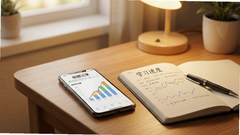学习场景图,主体为书桌一角,手机平放显示“刷题记录”图表,旁边放着笔记本和笔,背景温馨,光线柔和,风格生活化,细节处体现专注学习的氛围,画质清晰,干净,无多余元素,文字“学习进度”清晰可见