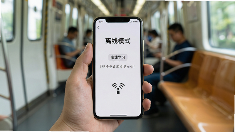 离线学习场景图,主体为一只手拿着手机,背景模糊显示地铁车厢或公园长椅,手机屏幕显示“离线模式”标识和一道判断题,界面简洁,突出无网络图标,风格写实,光影自然,细节处体现便携性与随时随地学习的便捷,画质清晰,干净,无多余元素,文字“离线学习”清晰可见