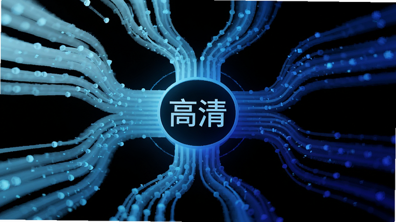 抽象化的数据流图形,代表视频解析过程,线条从中心向四周扩散,颜色由浅蓝渐变至深蓝,中心显示“高清”字样,科技感强烈,极简主义设计,背景纯黑,无杂乱元素
