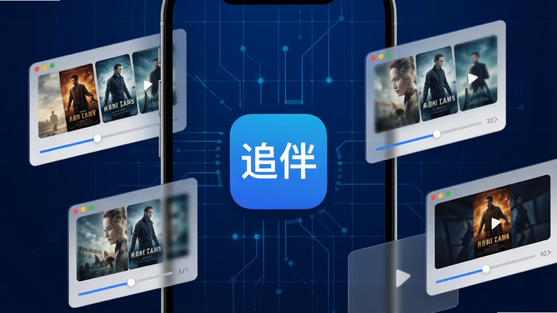 高清现代智能手机界面展示,屏幕中央显示“追伴”APP图标,背景为深蓝色科技感网格,周围环绕着悬浮的半透明视频播放窗口,包含电影海报和进度条,整体风格简洁扁平,色彩以蓝白为主,8k分辨率,无多余元素,干净清晰