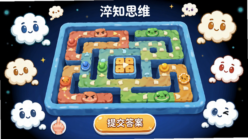 “淬知思维”互动练习界面预览,显示一个迷宫解谜场景,用户需选择路径,界面下方有“提交答案”按钮,周围环绕着思维气泡图标,风格卡通友好,色彩明亮,细节清晰,无水印