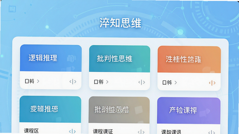 一张展示“淬知思维”App主界面的高清截图,背景为浅蓝色科技风,中央是清晰的课程列表卡片,包含“逻辑推理”、“批判性思维”等模块,界面整洁现代,无多余元素,高分辨率,干净无噪点