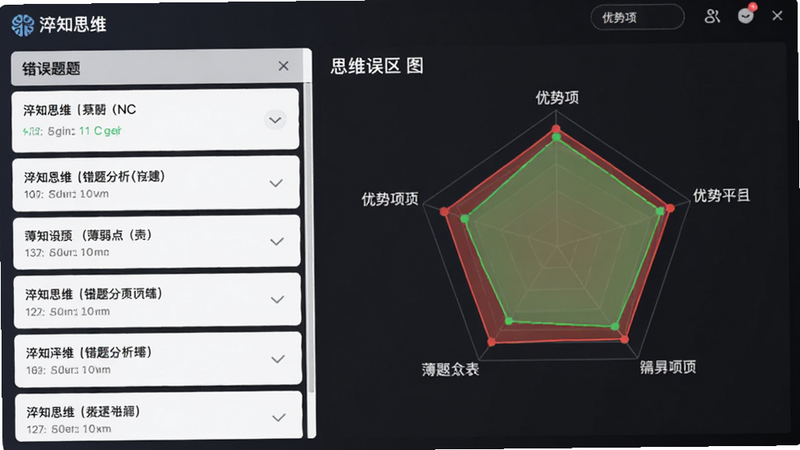 “淬知思维”错题分析报告界面,左侧列出错误题目列表,右侧显示思维误区雷达图,红色区域标示薄弱点,绿色区域标示优势项,数据可视化清晰,排版整齐,专业教育软件风格,高清画质