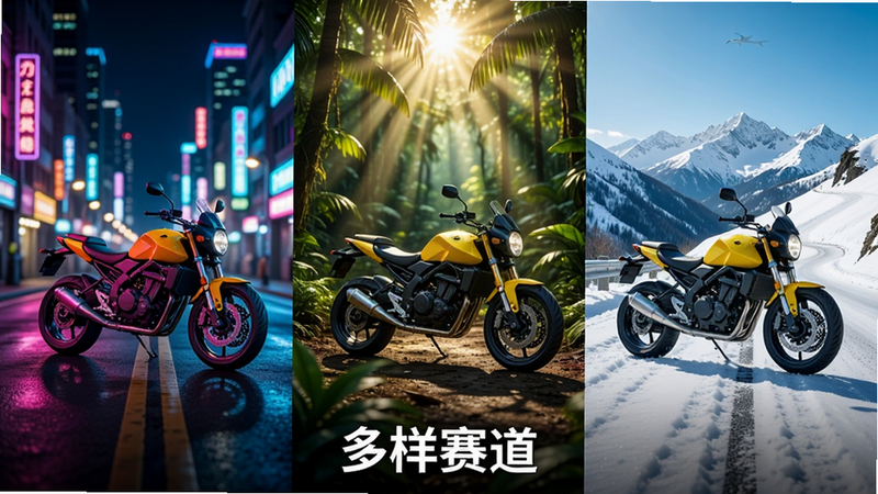 拼接图展示三种不同赛道场景:左侧是霓虹闪烁的夜间城市街道,中间是阳光穿透树叶的热带雨林小路,右侧是白雪皑皑的山间公路,中间叠加一辆黄色摩托车,构图平衡,色彩鲜艳,细节丰富,8k分辨率,干净背景,文字“多样赛道”在底部居中