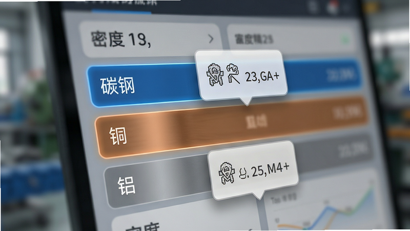 界面展示材料选择列表,高亮显示“碳钢”、“铜”、“铝”选项,旁边有密度数值悬浮窗,背景虚化,突出数据精准性,风格写实,细节清晰,无文字干扰
