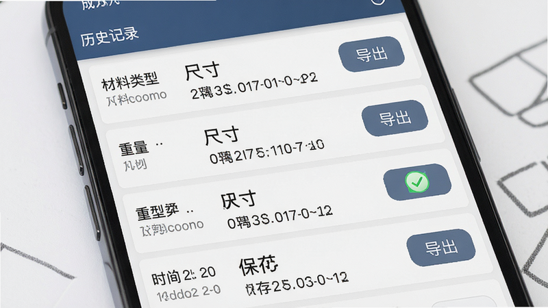 手机界面展示历史记录列表,每条记录包含材料类型、尺寸、重量及时间戳,右侧有“导出”按钮,界面整洁有序,绿色对勾图标表示保存成功,风格简约商务,高清细节