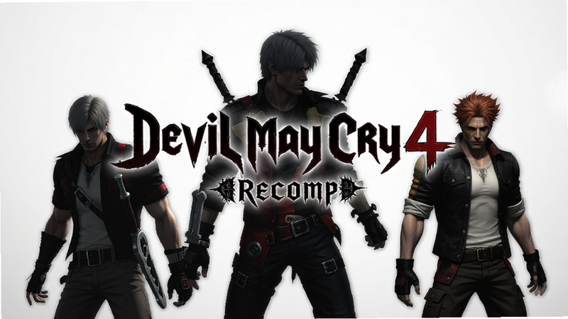 主体为《Devil May Cry 4 Recomp》游戏主界面,布局居中显示标题Logo,排版整洁,风格为暗黑奇幻动作游戏UI,细节包含但丁与尼禄角色剪影,画质高清,干净,无多余元素,文字包含
