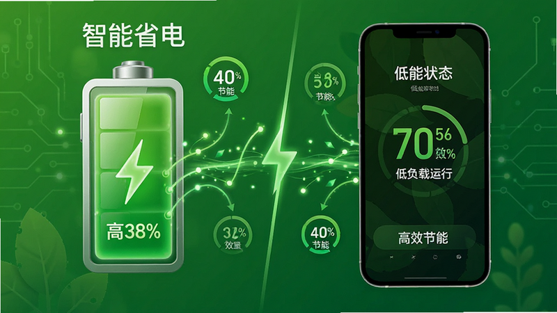 主体为位联宝省电模式示意图,布局左侧为电池图标显示高电量,右侧为手机屏幕显示低能耗状态,排版对比鲜明,风格为绿色生态科技风,细节包含能量流动线条、效率百分比、节能标识,文字包含“智能省电”、“低负载运行”、“高效节能”,画质清晰,干净无多余元素