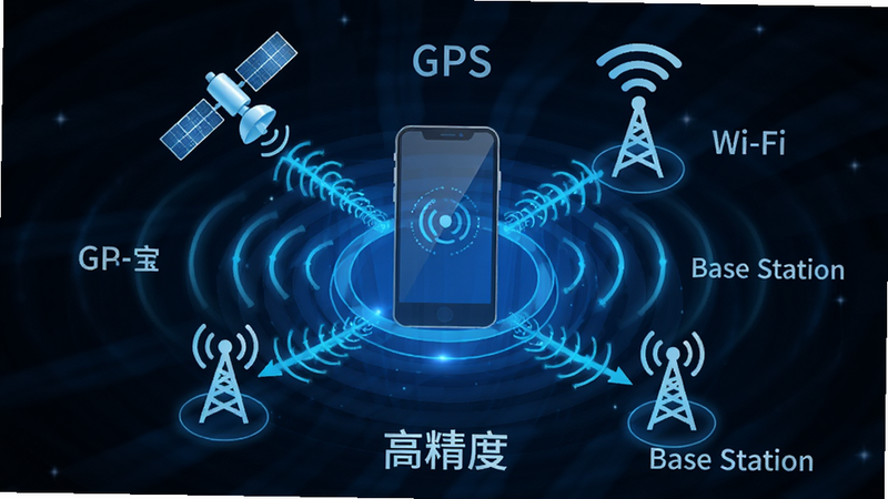 主体为位联宝定位原理示意图,布局中心为手机模型,周围环绕卫星、Wi-Fi信号塔、基站图标,排版呈放射状结构,风格为科技蓝光效,细节包含数据流动画效果、信号强度波纹,文字包含“GPS”、“Wi-Fi”、“Base Station”、“高精度”,画质清晰,干净无多余元素