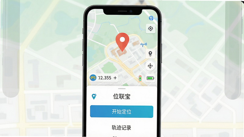 主体为位联宝安卓应用界面,布局清晰,上方显示地图定位标记,下方为功能菜单,排版简洁现代,风格为扁平化科技风,细节包含GPS信号图标、定位精度数值、电池状态指示,文字包含“位联宝”、“开始定位”、“轨迹记录”,画质高清,干净无多余元素