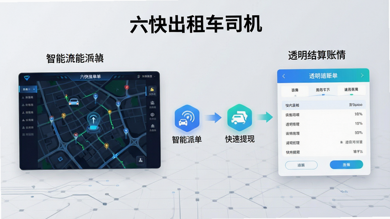 “六快出租车司机”APP的功能特色展示图,左侧展示智能派单地图界面,右侧展示透明结算账单详情,中间用图标连接表示数据流转,背景为浅灰色科技网格,风格现代简洁,文字标注“智能派单”“快速提现”,画质高清,干净无杂物