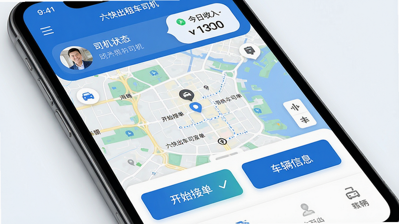 一张高质量手机应用界面展示图,主体为“六快出租车司机”APP首页,布局清晰,顶部显示司机状态与今日收入,中间是大地图背景,下方有“开始接单”和“车辆信息”两个大按钮,风格为扁平化商务风,色调以蓝白为主,细节精致,画质8k,无多余元素