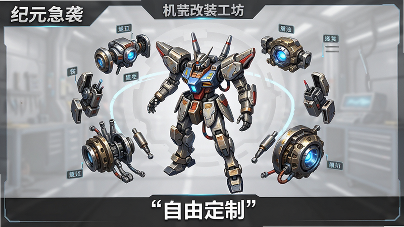 主体为《纪元急袭》机甲改装工坊界面,布局展示一台机甲被分解为多个悬浮部件,排版呈环形排列便于查看属性,风格为工业机械风,细节刻画螺丝、管线与发光的能量核心,画质精细,干净,无多余元素,文字“自由定制”位于底部,加引号
