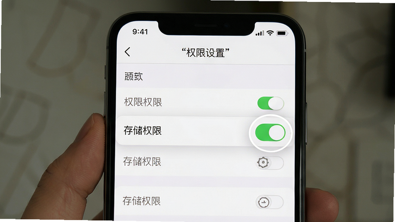 主体为手机设置界面,布局展示权限管理列表,排版简洁清晰,风格为扁平化UI,细节高亮“存储权限”开关为开启状态,画质清晰,干净,无多余元素,文字“权限设置”位于顶部,加引号